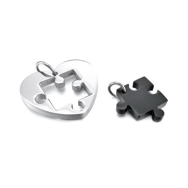 Partnerketten Puzzle schwarz mit Herz silber Edelstahl inkl. Ketten im Etui GRAVUR OPTION