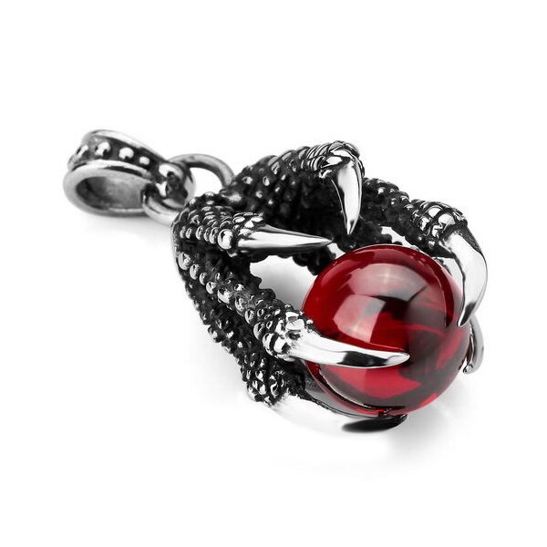 Anhänger Drachen Klaue mit roter  Kugel 316L EDELSTAHL  inkl. Kette im Etui