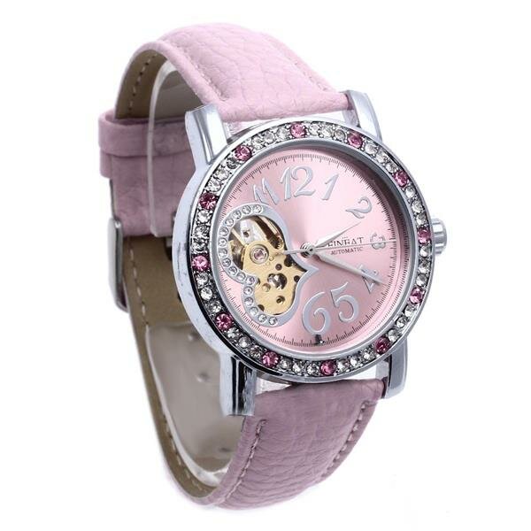 Damen Armbanduhr Heartbeat Mechanisch Automatik Skelett mit Zirkonias Armband aus  Echt Leder rosa