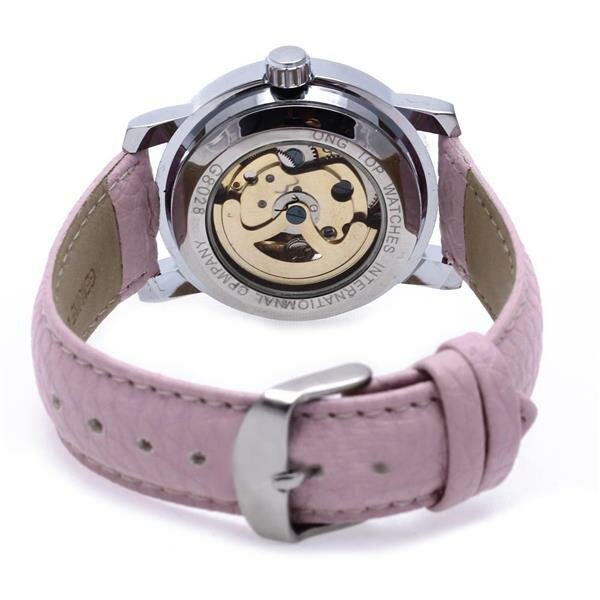 Damen Armbanduhr Heartbeat Mechanisch Automatik Skelett mit Zirkonias Armband aus  Echt Leder rosa