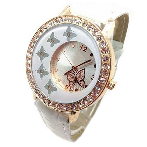 Damen Armbanduhr 3D Schmetterling mit Strass  Rosegold weiß