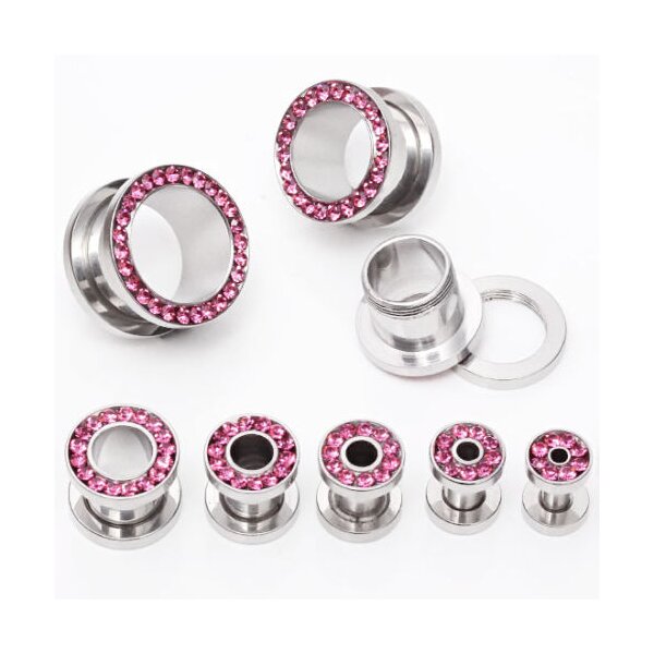 1 Expander / Plug  Zirkonia TUNNEL Fuchsia Pink 316 L  Edelstahl  3  mm - 14 mm