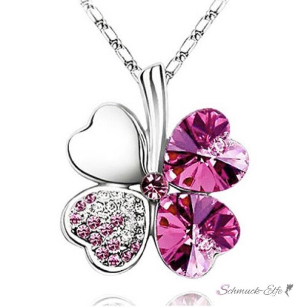 Schmuckset Kleeblatt Collier, Ohr Stecker fuchsia pink Strass vergoldet