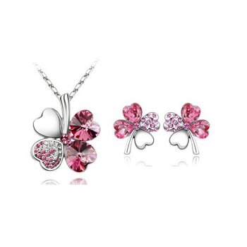 Schmuckset Kleeblatt Collier, Ohr Stecker fuchsia pink...