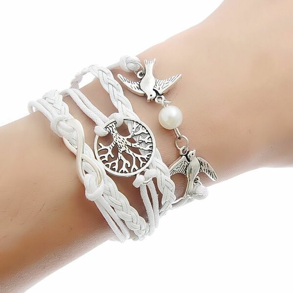 Armband Infinity Taube & Lebensbaum mit Perle weiß