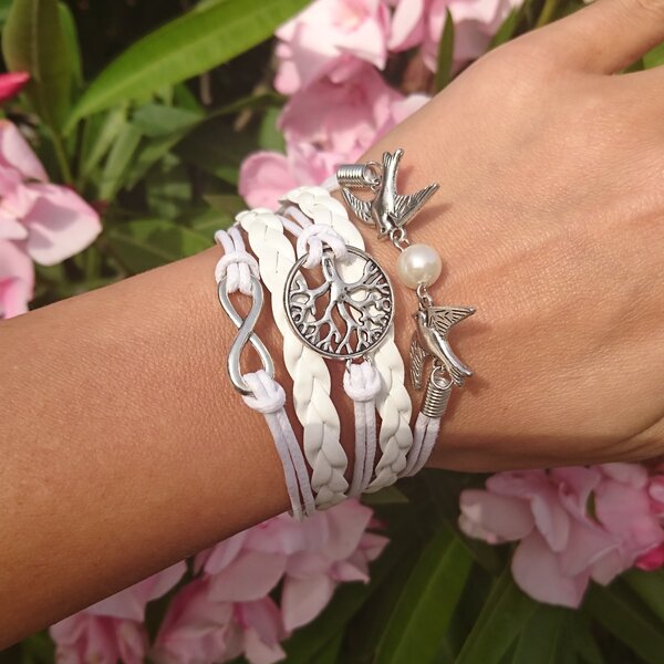 Armband Infinity Taube & Lebensbaum mit Perle weiß