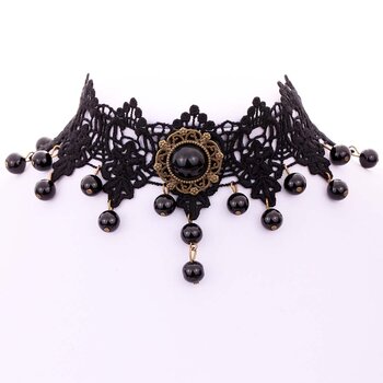Gothic Barock Choker Collier  aus Spitze mit Perlen schwarz