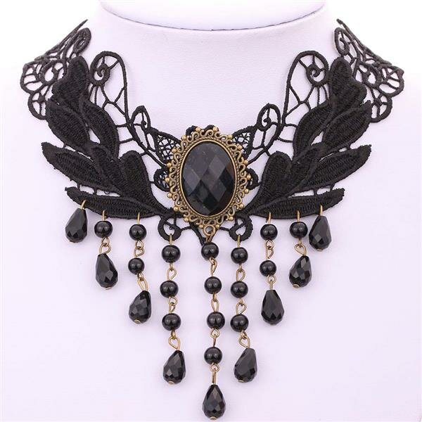 Gothic Barock Choker Collier  aus Spitze mit Perlen & Strass  Amulett schwarz