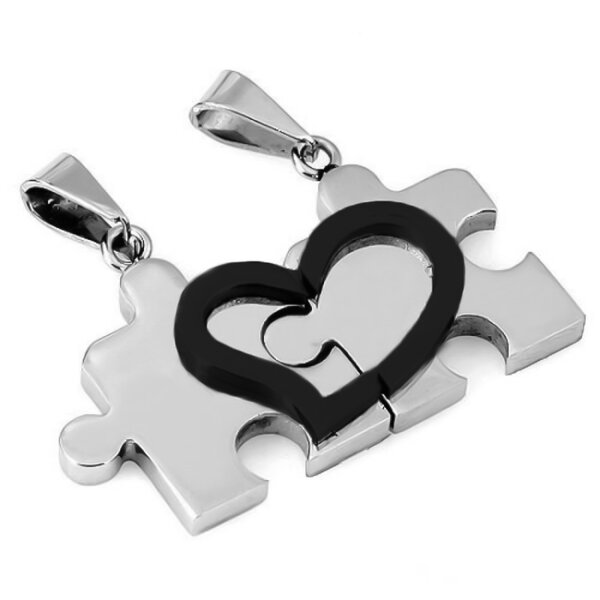 Partnerketten Puzzle silber mit Herz schwarz  Edelstahl inkl. Ketten im Schmuck Etui GRAVUR OPTION