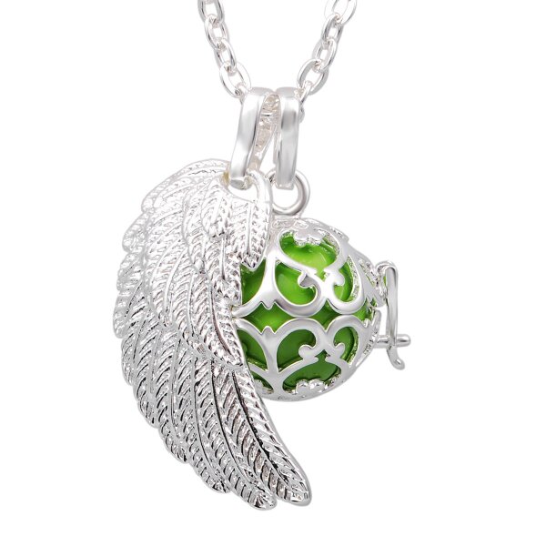 4 tlg. SET Engelsflügel Anhänger inkl. Käfig, Klangkugel Harmony kiwi grün & Kette im Etui