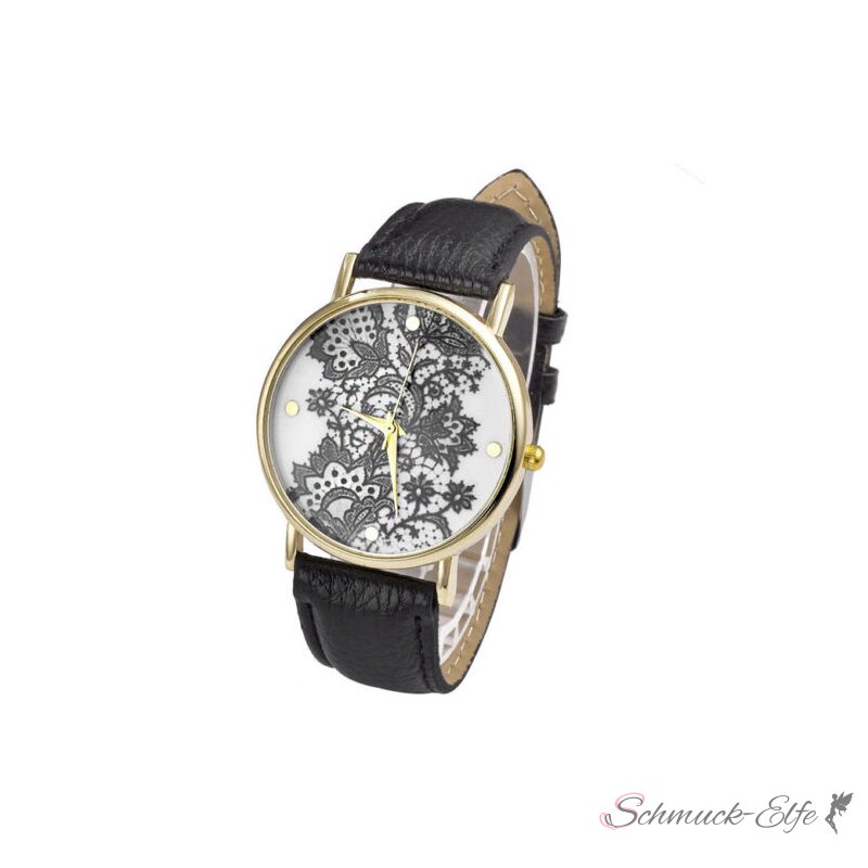 Damen Armbanduhr Spitze Gelbgold Pu Leder Schwarz 41 02