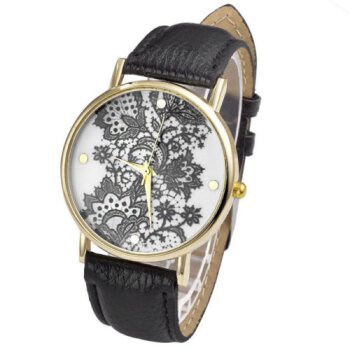 Damen Armbanduhr Spitze Gelbgold PU Leder schwarz