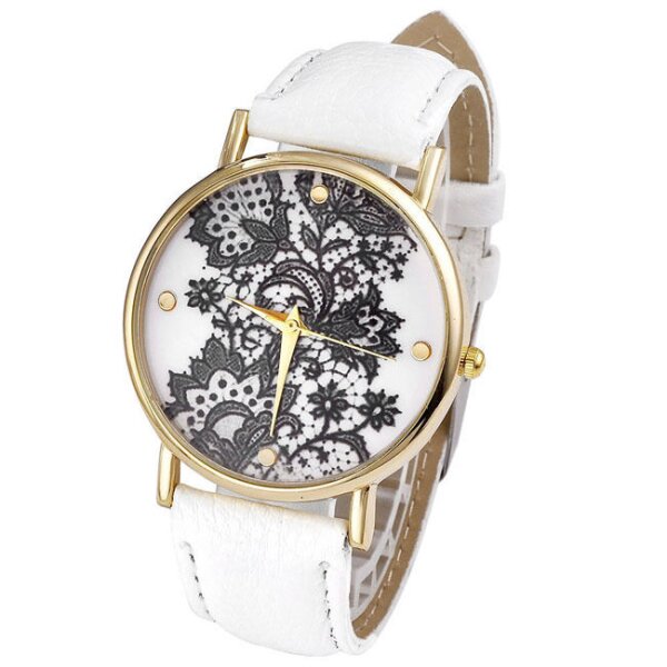 Damen Armbanduhr Spitze Gelbgold PU Leder weiß
