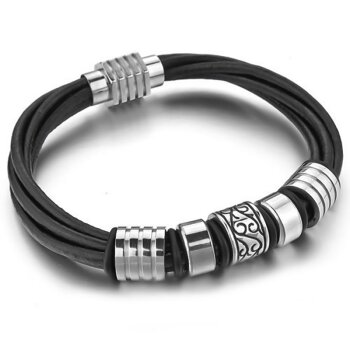 ECHT Lederarmband schwarz Unisex Edelstahl Perlen im...