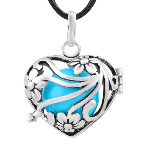Anhänger Harmony Daisy Heart  Klangkugel  Himmelblau  Sterling Silber Käfig inkl. Kette