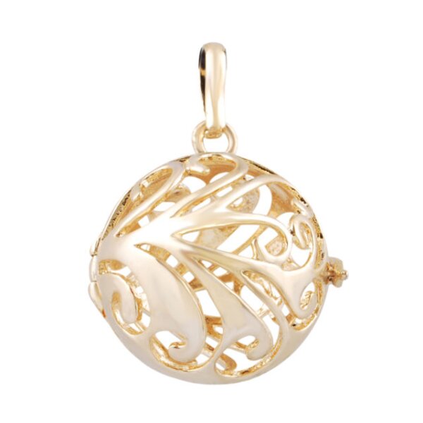 Anhnger Harmony FEDER Kfig, Klangkugel himmelblau & Kette mit Gelbgold vergoldet im Etui