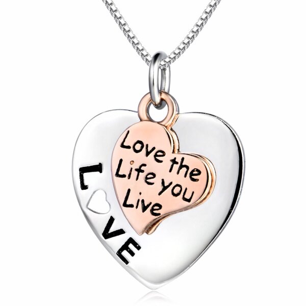 2 tlg. SET Anhänger Herzen "LOVE" & " love the life you live" teilrosevergoldet 925 Silber GRAVUR OPTION