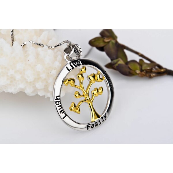 Anhänger Amulett Lebensbaum mit Herzen LIVE,LOVE,LAUGH,FAMILY aus 925 Silber mit Teil vergoldet inkl. Gliederkette 925 Silber im Etui