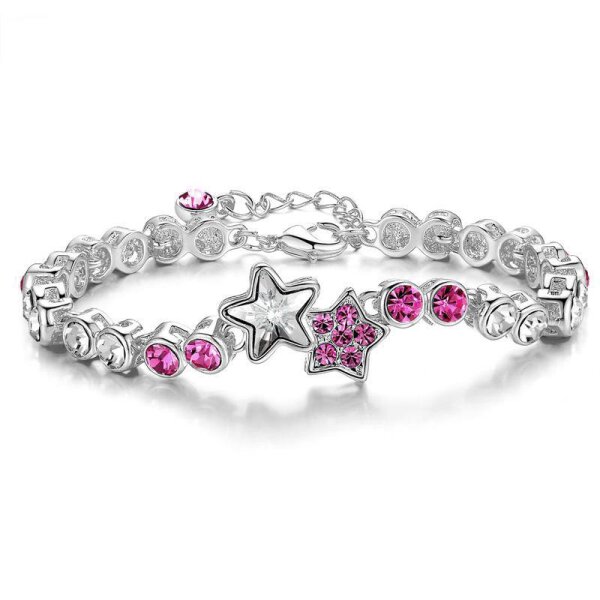 Armband Sterne vergoldet Strass rosa, fuchsia pink & klar im Etui