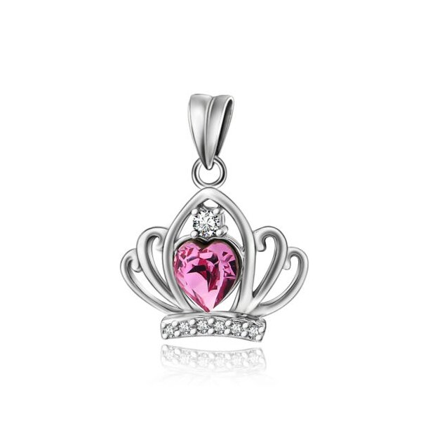 Kronen  Anhänger Princess Heart pink Zirkonien aus 925 Silber rhodiniert OHNE KETTE im Etui