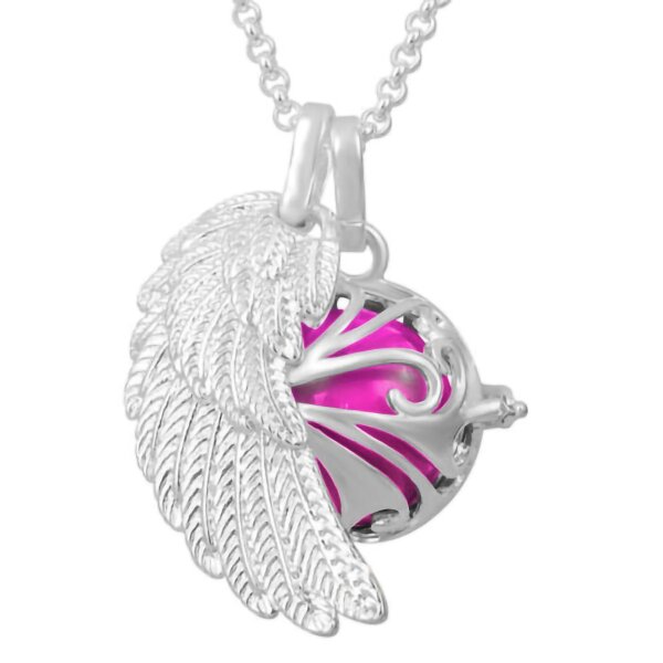 4 tlg. SET Engelsflügel Anhänger inkl. FEDER Käfig, Klangkugel Harmony pink & Kette im Etui