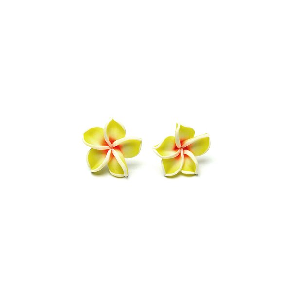 1 Paar FIMO Blüten Ohrstecker groß -  weiß gelb orange  -   im weißen Organza Beutel
