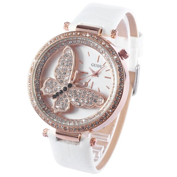 Damen Armbanduhr 3D Schmetterling mit Zirkonias  Rosegold weiß