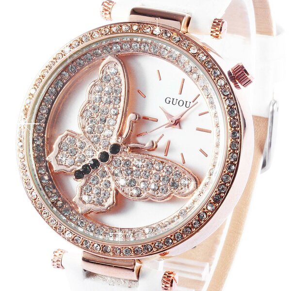 Damen Armbanduhr 3D Schmetterling mit Zirkonias  Rosegold weiß