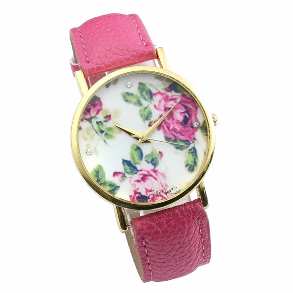 Damen Armbanduhr vintage Rosenblüten mit Zirkonia Gelbgold PU Leder magenda pink