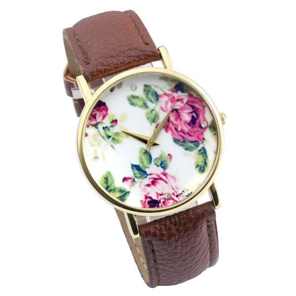 Damen Armbanduhr vintage Rosenblüten mit Zirkonia Gelbgold PU Leder braun