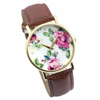 Damen Armbanduhr vintage Rosenblüten mit Zirkonia...
