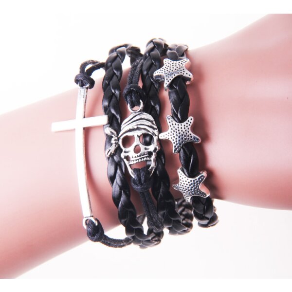 Armband Kreuz, Sterne & Skull Pirat schwarz