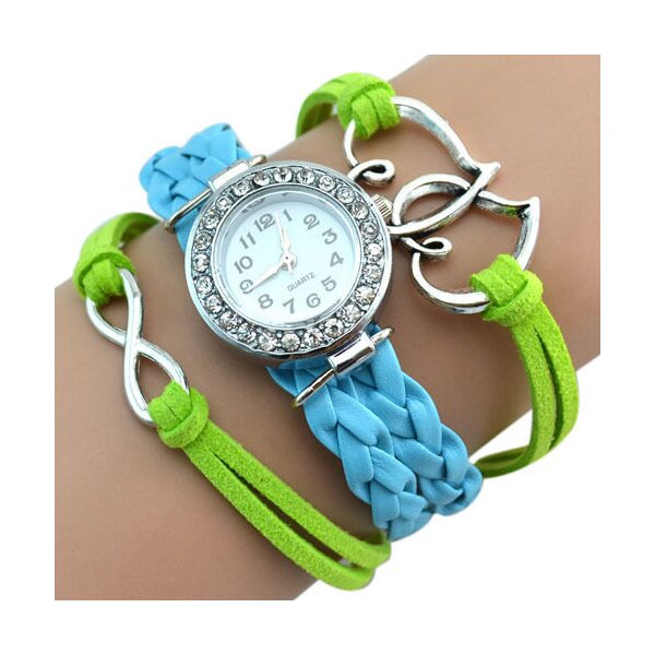 Damen Armbanduhr Herzen mit Strass Kunstleder türkis kiwi