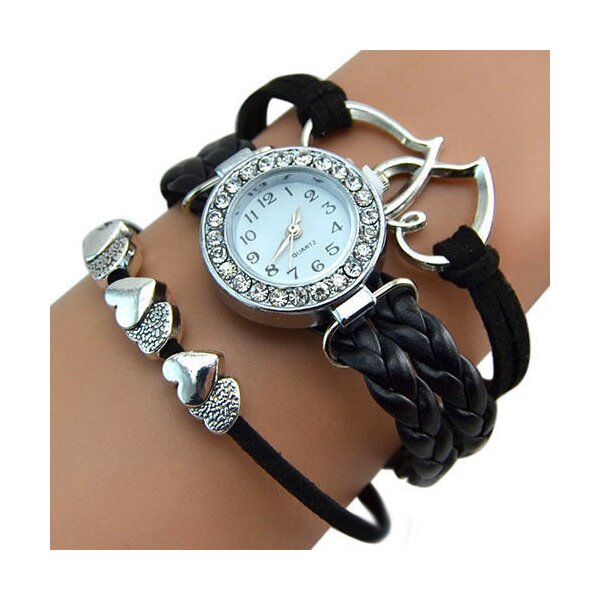 Damen Armbanduhr Herzen mit Strass Kunstleder schwarz