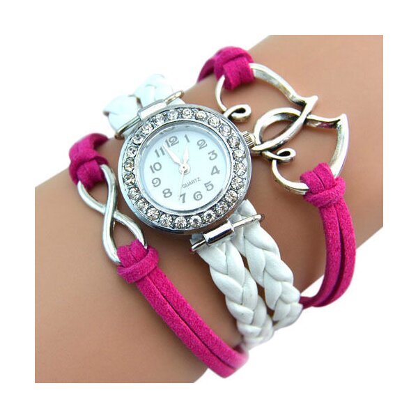 Damen Armbanduhr Herzen mit Strass Kunstleder wei pink