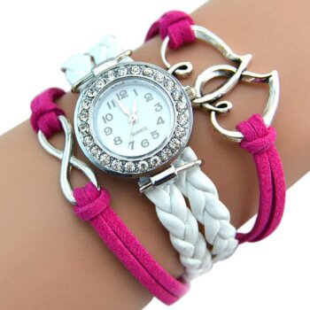 Damen Armbanduhr Herzen mit Strass Kunstleder wei pink