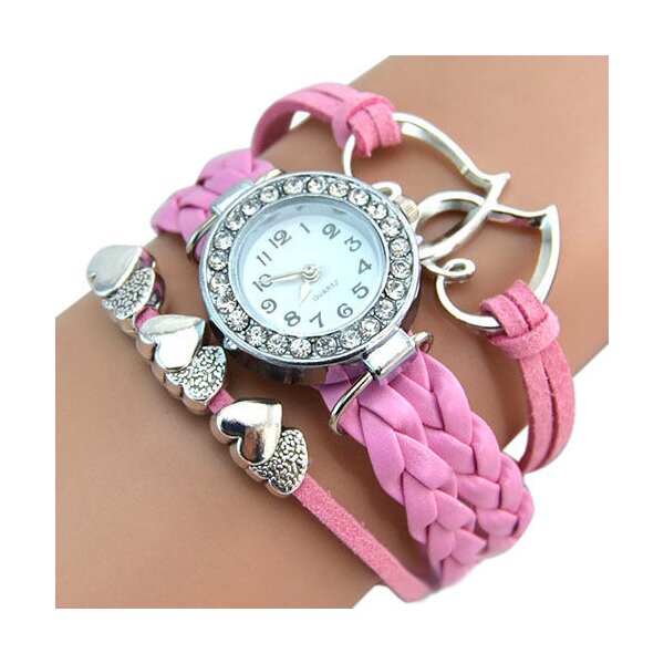 Damen Armbanduhr Herzen mit Strass Kunstleder rosa