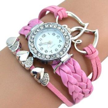 Damen Armbanduhr Herzen mit Strass Kunstleder rosa