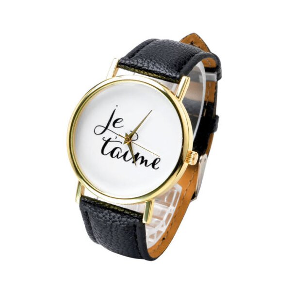 Damen Armbanduhr Je taime Gelbgold Kunstleder schwarz
