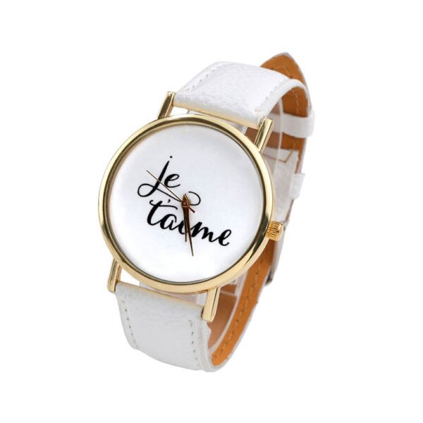 Damen Armbanduhr " Je taime "  Gelbgold Kunstleder weiß