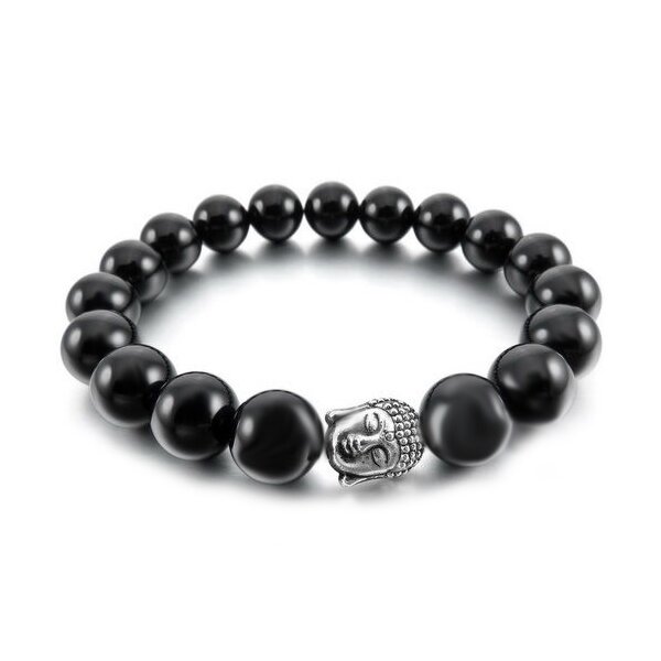 Armband Mala silberner BUDDA Achat Onyx Perlen schwarz im Schmuck Etui