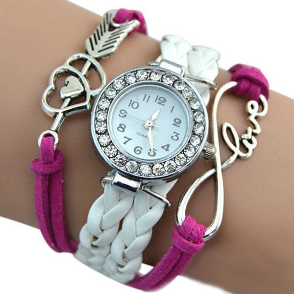 Damen Armbanduhr Infinity LOVE  mit Strass Kunstleder weiß pink