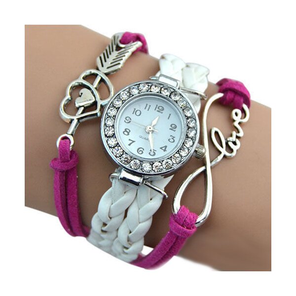 Damen Armbanduhr Infinity LOVE  mit Strass Kunstleder wei pink