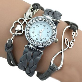 Damen Armbanduhr Infinity LOVE  mit Strass Kunstleder grau