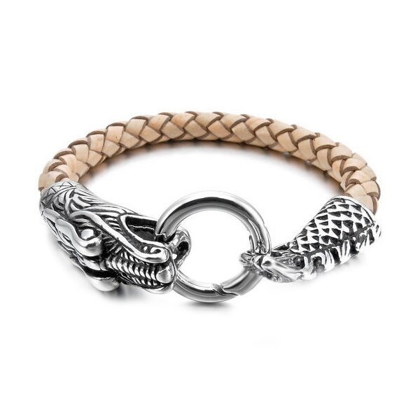 Armband Drache ECHT LEDER Flecht Optik  beige / sand  316 L  Edelstahl