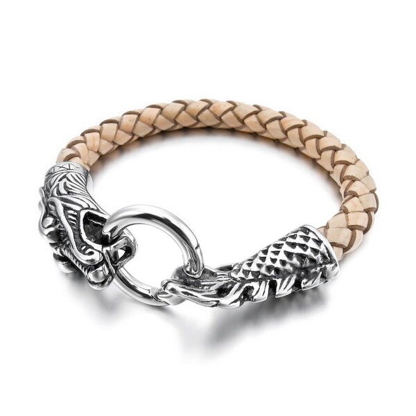 Armband Drache ECHT LEDER Flecht Optik  beige / sand  316 L  Edelstahl