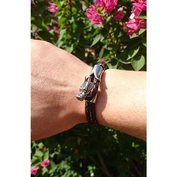 Armband Drache ECHT LEDER geflochten dunkel braun 316 L Edelstahl