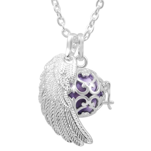 4 tlg. SET Engelsflügel Anhänger inkl. Käfig, Klangkugel Harmony metallic lila & Kette im Etui