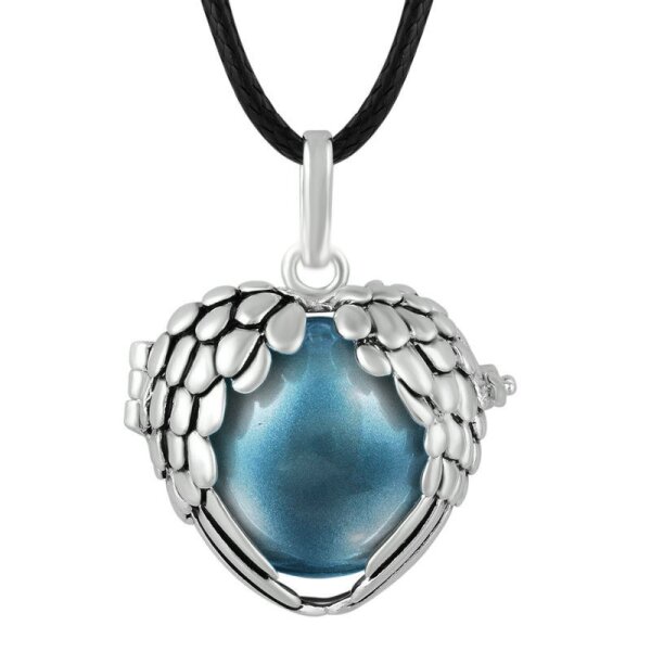 Anhänger Engelsflügel Herz  Klangkugel Harmony metallic blau mit 925 Silber versilbert inkl. Kette