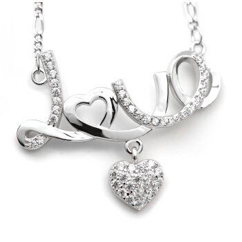 Collier LOVE mit Herzchen & Zirkonias pave aus 925 Silber...